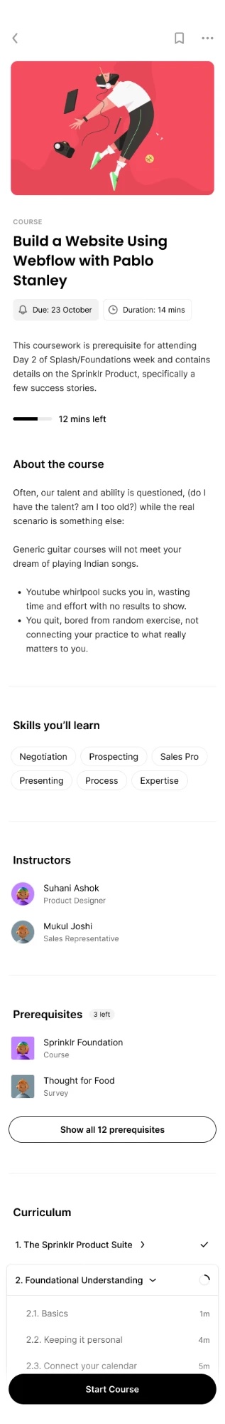 Mobile course page: cover, title, due date and duration, about, skills, instructors, prerequisites and curriculum with a Start Course button