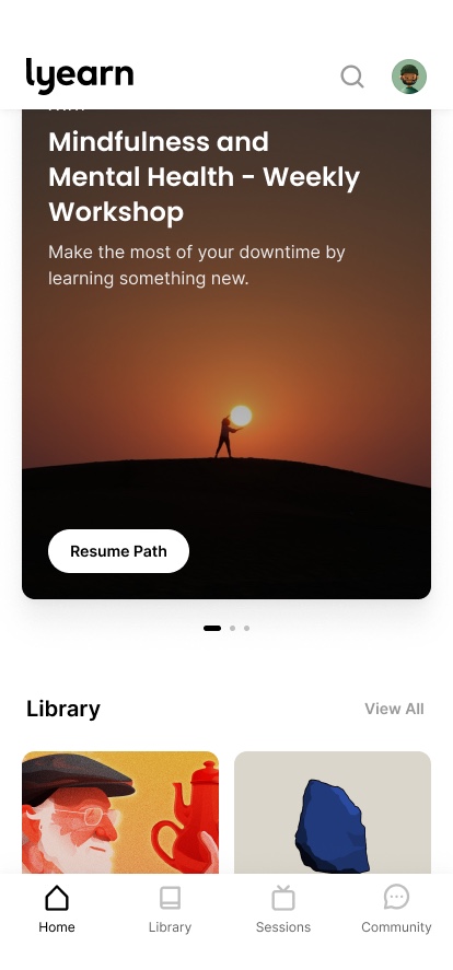 Lyearn mobile app home: a featured learning path with a Resume Path button, the library, and bottom navigation
